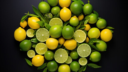 Fresh organic green Lime and yellow limon fruits with cut in half slice and green leaves isolated on black background.
