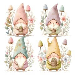 a cute easter day gnome collection on white background with margins watercolor soft boho colors  - obrazy, fototapety, plakaty