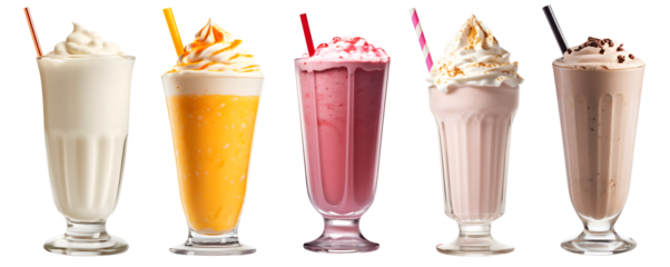 Milkshake Smoothie in cup on transparent background cutout, PNG file. Many assorted different flavour. strawberry, raspberry, orange, vanilla, chocolate, coconut. Mockup template for artwork design
