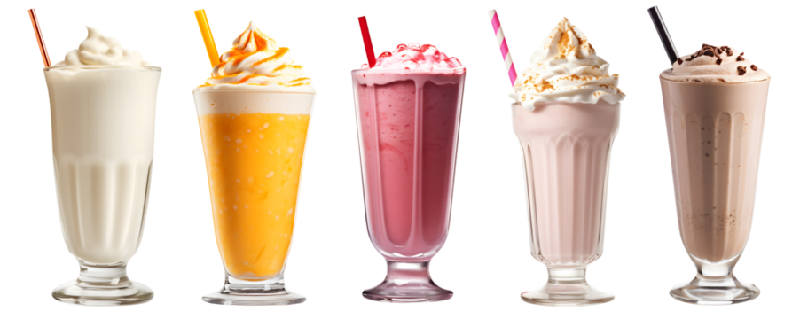 Milkshake Smoothie in cup on transparent background cutout, PNG file. Many assorted different flavour. strawberry, raspberry, orange, vanilla, chocolate, coconut. Mockup template for artwork design