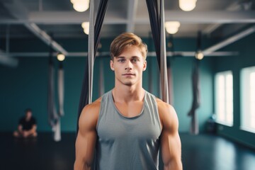 Photography in the style of pensive portraiture of a relaxed boy in his 20s doing aerial yoga in a studio. With generative AI technology