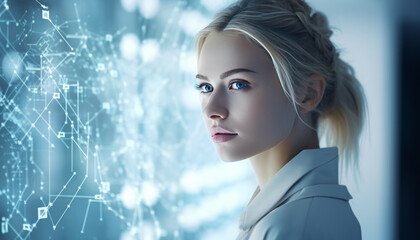 Beautiful women looking at big data wave from big screen.