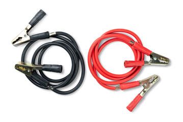 Red and black cable with crocodile clips for car, top view, isolated on a transparent background png