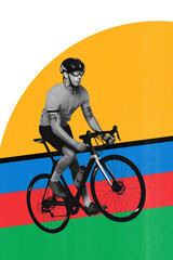 Obraz premium Young man in helmet and goggles riding bicycle over multicolored background. Marathon. Creative art collage. Concept of professional sport, competition and match, dynamics. Poster, ad