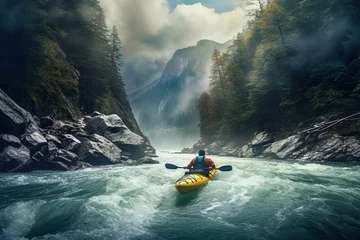 Gordijnen Whitewater kayaking, extreme kayaking. A guy in a kayak sails on a mountain river. © arhendrix