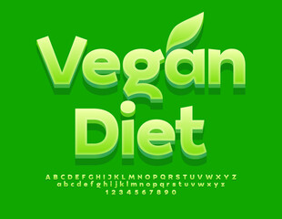 Vector green template Vegan Diet. Modern 3D Font. Set of Bright Alphabet Letters, Numbers and Symbols