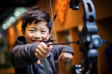 Close-up portrait photography of a fitness kid male practicing archery in a shooting range. With generative AI technology - obrazy, fototapety, plakaty