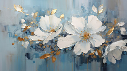 a painting of white flowers on a blue background.   Acrylic Painting of a Baby Blue color flower, Perfect for Wall Art.