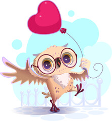 Owl hold red balloon shape heart valentine day