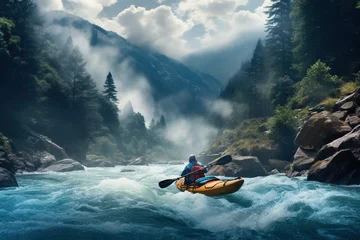 Poster Whitewater kayaking, extreme kayaking. A guy in a kayak sails on a mountain river. © arhendrix