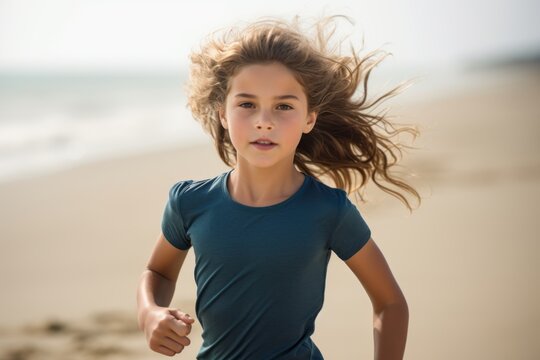 Medium shot portrait photography of a fitness kid female jogging on the beach. With generative AI technology