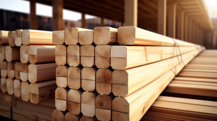 Corner parts of stacked lumber or timber. - obrazy, fototapety, plakaty
