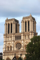 Fototapeta na wymiar Facade of Notre Dame Cathedral during restoration work. Paris, France 