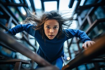 Conceptual portrait photography of an energetic kid female doing parkour in the city. With generative AI technology - obrazy, fototapety, plakaty