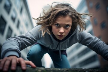 Photography in the style of pensive portraiture of an exhausted kid female doing parkour in the city. With generative AI technology