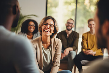 Group therapy and support. The focus is on a young Caucasian woman in eyeglasses. A group of people around support her. She is happy. - obrazy, fototapety, plakaty