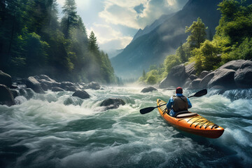Whitewater kayaking, extreme kayaking. A guy in a kayak sails on a mountain river. - obrazy, fototapety, plakaty