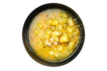soup broth vegetables with rice, potatoe, carrot, onion eating cooking appetizer meal food snack on the table copy space food background rustic top view 