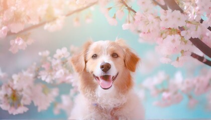 A smiling dog surrounded by cherry blossoms in full bloom
