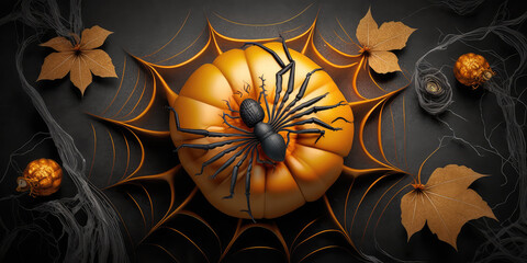 Black and gold Halloween banner. Spooky spider sitting on bright pumpkin and spider web, net with golden leaves around on dark background. Mystique concept, insect. Terrible party concept