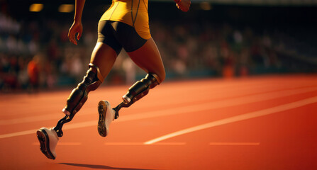 Fototapeta premium concept banner. photo of a girl athlete without legs with prosthetics instead of legs participating in the Olympic Games, running a marathon across the stadium copy space
