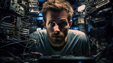 Fototapeta premium Motivated Computer Technician: Candid Selfie Reflecting Determination and Challenges