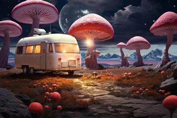 Fotobehang futuristic space landscape and magic fairy mushrooms, road and car on a dark background © Aksana