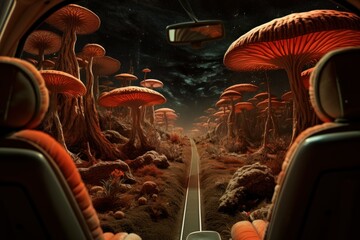 futuristic space landscape and magic fairy mushrooms, road and car on a dark background
