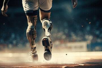 concept banner. photo of a man athlete without legs with prosthetics instead of legs participating in the Olympic Games, running a marathon across the stadium copy space just legs and space for text - obrazy, fototapety, plakaty