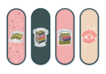 Cute Bookmarks. Set of paper bookmark templates for book lovers. Vertical postcards. Vector.
