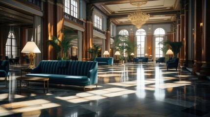 Hotel lobby interior with reception desk, sofas, marble floor and long bar