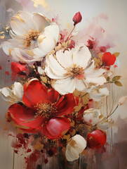 a painting of white and red flowers in a vase.   Acrylic Painting of a Burgundy color flower, Perfect for Wall Art.