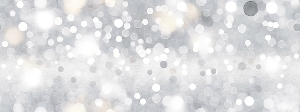 Seamless abstract white bokeh blur background texture overlay. Dreamy soft focus wallpaper backdrop. Light silver grey diffuse glowing floating holiday circle dots pattern