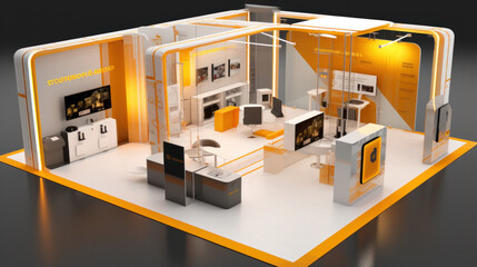 Visualisation vr project, Commercial stand in exhibition hall or large professional salon ready to receive brands and advertisements - obrazy, fototapety, plakaty