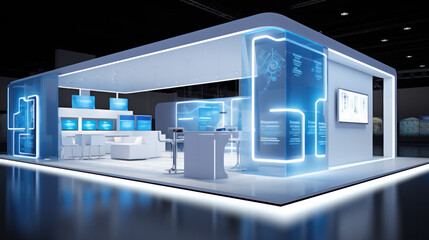 Visualisation vr project, Commercial stand in exhibition hall or large professional salon ready to receive brands and advertisements