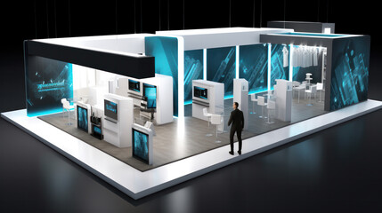 Visualisation vr project, Commercial stand in exhibition hall or large professional salon ready to receive brands and advertisements - obrazy, fototapety, plakaty