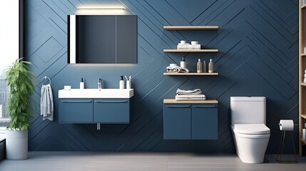 Interior of modern bathroom with blue tile walls, tiled floor, comfortable bathtub and sink with mirror