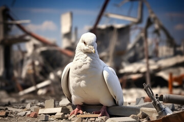 A white peace dove sat on rubble in a destroyed city during a war - obrazy, fototapety, plakaty