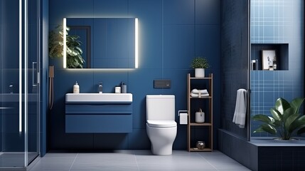 Interior of modern bathroom with blue tile walls, tiled floor, comfortable bathtub and sink with mirror