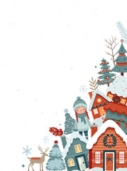 Christmas and New Year design. Christmas frame, poster, banner. Winter ornament card with scandi houses, trees, girl.