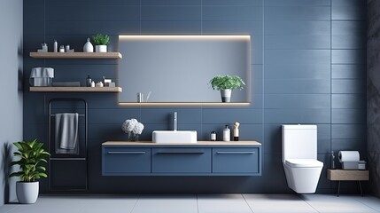 Fototapeta na wymiar Interior of modern bathroom with blue tile walls, tiled floor, comfortable bathtub and sink with mirror