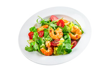 shrimp salad prawn fresh seafood shrimps and arugula appetizer meal Pescetarian food snack on the table copy space food background rustic top view 