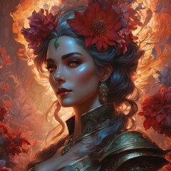 A photo of a background surrounded by red flowers such as fireworks. A woman who barks a beautiful smile is a fancy hair fashion and clothing design decorated with red flowers. Generative AI.