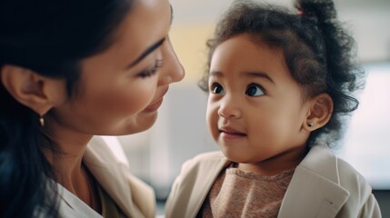 A multicultural female healthcare professional in uniform talking to a young patient.