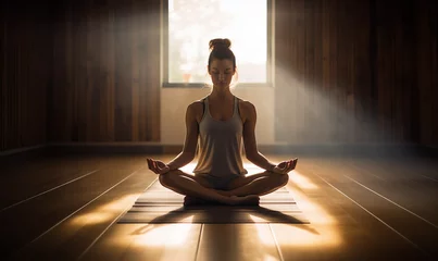 Foto op Plexiglas Beautiful happy girl with closed eyes practicing yoga in lotus position in the bedroom in the morning © PHdJ