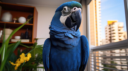 A stunning hyacinth macaw graces the apartment with its vibrant plumage and exotic charm.