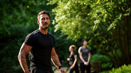 Fototapeta premium Man in a black shirt outdoors in a park. Perfect for personal trainers and fitness clubs.
