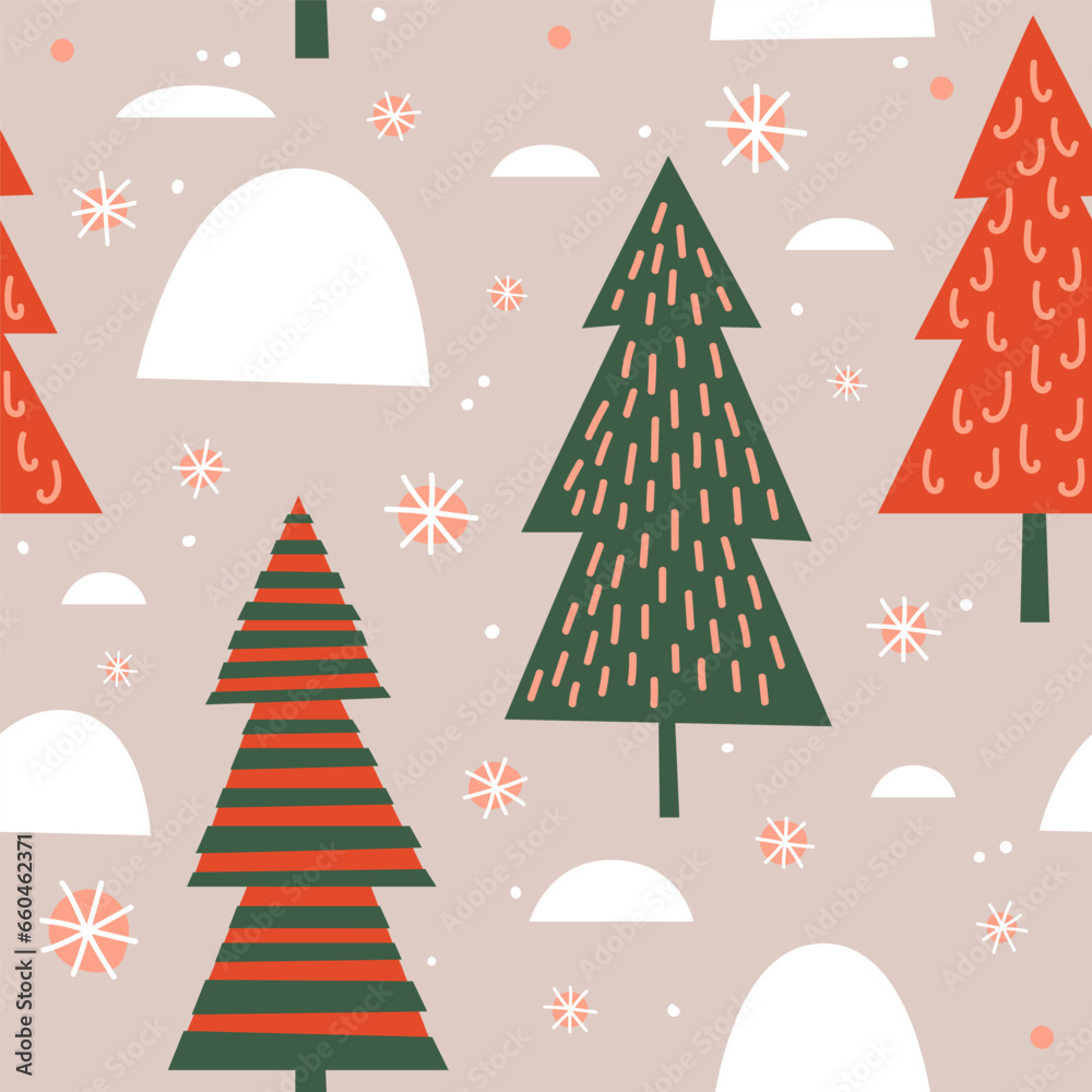 Aufkleber seamless pattern with cartoon christmas trees and snowflakes on a background of snow drifts. new yea
