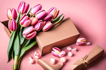 pink tulips with gift box