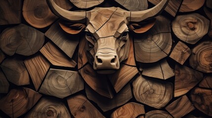 Wood bull. Animal faces made of wood. Wild, brutal nature.